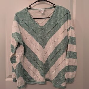 Creation L Green and White V-Neck Sweater Size 14 Chevron Pattern